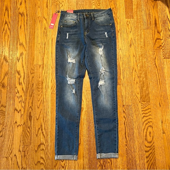 NWT New Tengfu Size 6 Skinny Distressed Denim Blue Jeans Cuffed - Picture 6 of 12